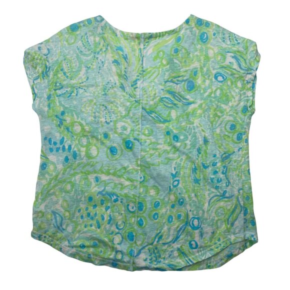 Lilly Pulitzer Womens S Top Green/Blue Pattern 100% Linen cap Sleeve Casual Shir - Picture 2 of 7